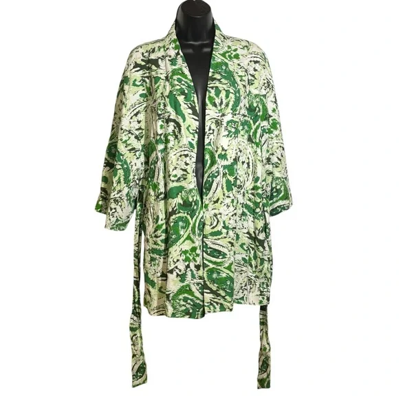 Zara Linen Blend Kimono Tie Front Mid Length Green Paisley Print Size Med/Large - Picture 9 of 16